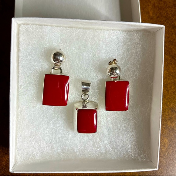 Jewelry - NWOT Vintage Mexican Solid Sterling Silver Red Enamel Pendant & Earrings